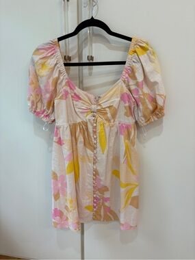 Floral Puff-Sleeve Mini Dress in Pink, Yellow & Cream